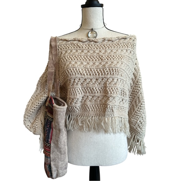 The Unbranded Brand Sweaters - Boho Crochet Knit Fringe Cream Off Shoulder Poncho-Style Sweater | S/M